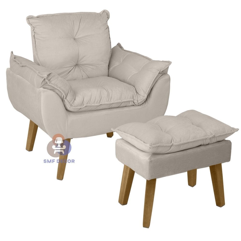 Poltrona/Cadeira Decorativa E Puff Glamour Opala Com Pés Quadrado