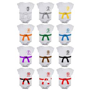 Kit body bebê mesversario manga curta Jiu Jitsu faixas 12 bodies 1 a 12 meses