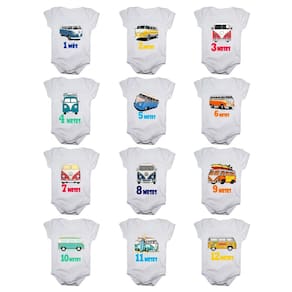 Kit body bebê mesversario manga curta estampa kombi 12 bodies 1 a 12 meses