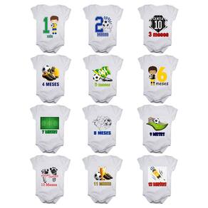 Kit body bebê mesversario manga curta estampa futebol 12 bodies 1 a 12 meses