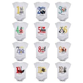 Kit body bebê mesversario manga curta Rock In Roll 12 bodies 1 a 12 meses
