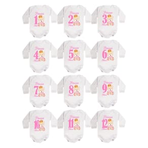 Kit body bebê mesversario manga longa estampa ursinha princesa 12 bodies 1 a 12 meses