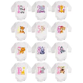 kit Body Bebê Mesversario Manga Longa Safari Bichinhos