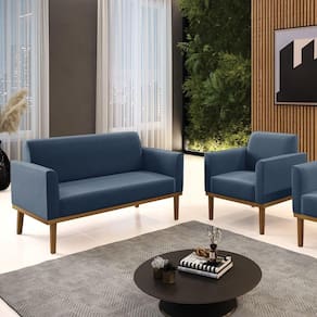 Conjunto Poltrona E Namoradeira Decorativa Pés Fixo Em Madeira Castanho Suede Azul Marinho