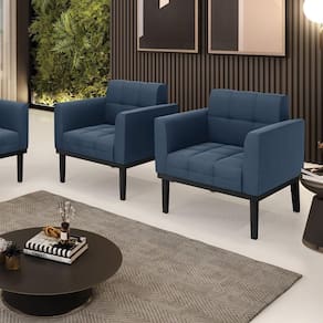 Kit 2 Poltronas Decorativas Pés Fixo Em Madeira Preto Suede Azul Marinho