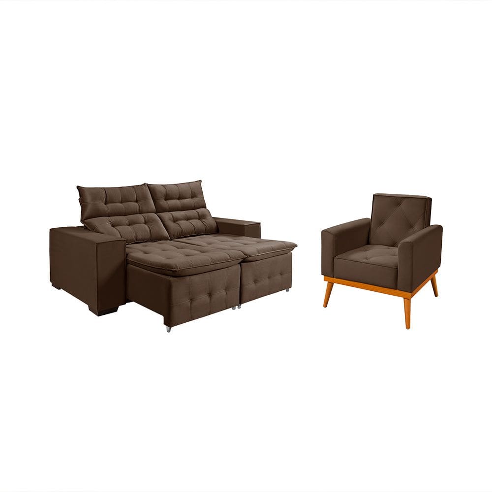 Kit Sofá Retratil Reclinável Bari 1,90 Pillow Mais Poltrona Florença em Veludo Marrom