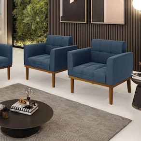 Kit 2 Poltronas Decorativas Pés Fixo Em Madeira Castanho Suede Azul Marinho