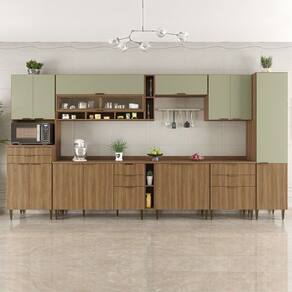 Cozinha Compacta 10 Peças 15 Portas 8 Gavetas Paris Nogal Manchester/ Verde Matte