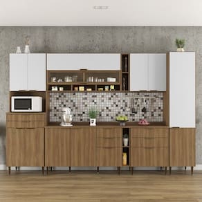 Cozinha Compacta 8 Peças 12 Portas 8 Gavetas Paris Nogal Manchester/ Branco Brilhante
