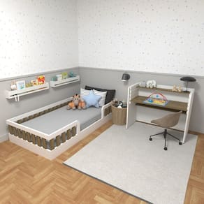 Conjunto Infantil de Cama Montessoriana e Escrivaninha com Regulagem de Altura Branco/Carvalho Mel