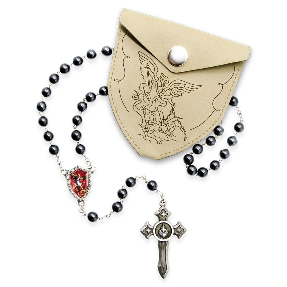 Terço de São Miguel Arcanjo em Hematita com Bolsa