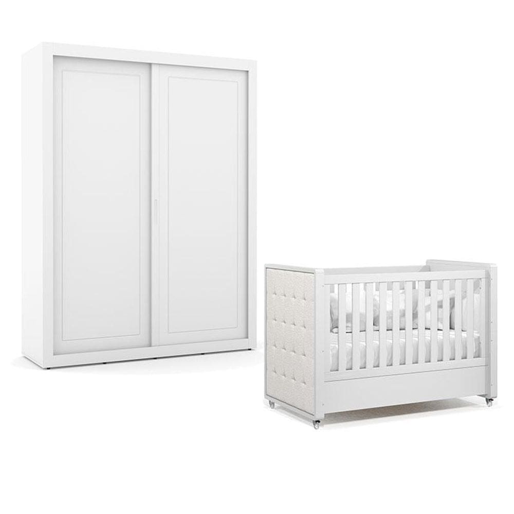 Berço Americano com Capitonê New Boucle e Guarda Roupa Tutto New 2 Portas Branco Acetinado - Matic