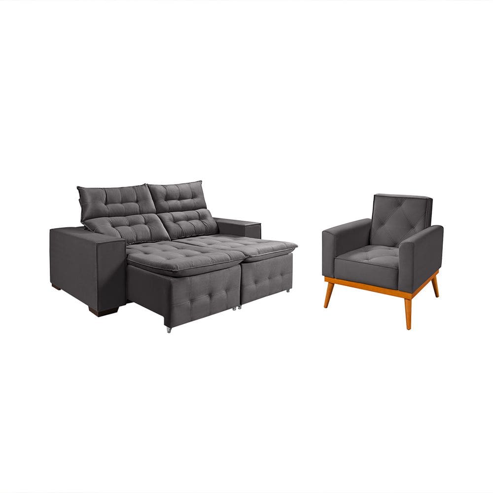 Kit Sofá Retratil Reclinável Bari 1,90 Pillow Mais Poltrona Florença em Veludo Grafite
