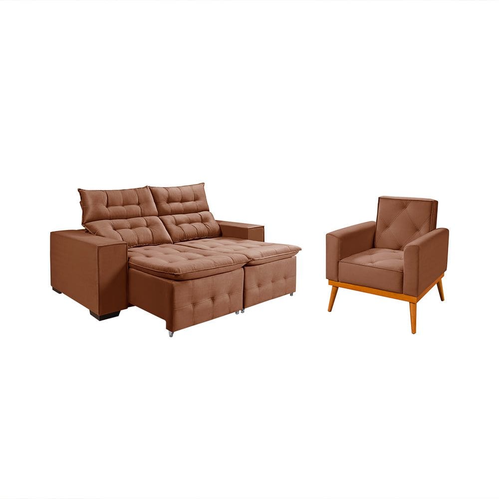 Kit Sofá Retratil Reclinável Bari 1,90 Pillow Mais Poltrona Florença em Veludo Canela