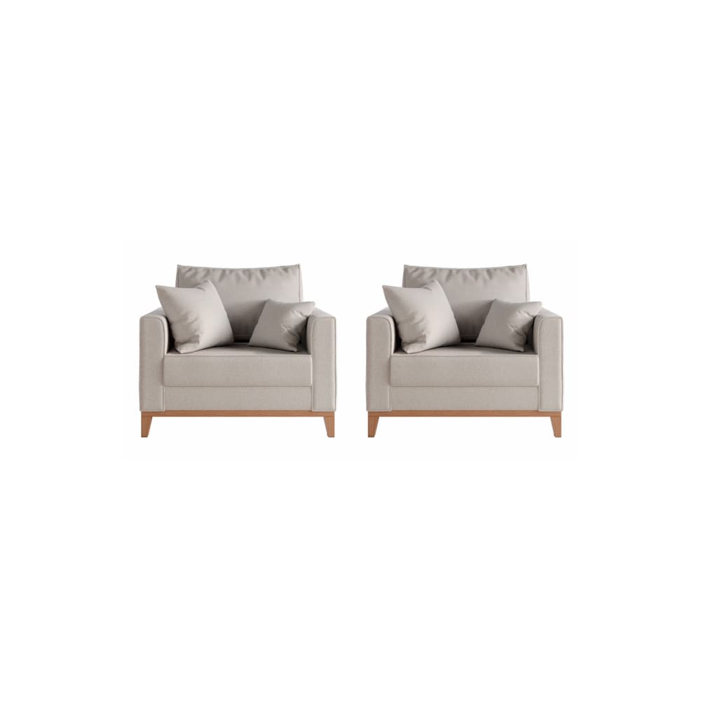 kIt 2 Poltronas Decorativa Sala Estar Beni Pés Madeira Linho Bege - Montanaris Decor