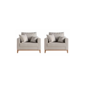 kIt 2 Poltronas Decorativa Sala Estar Beni Pés Madeira Linho Bege - Montanaris Decor