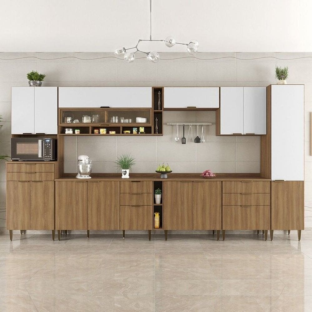Cozinha Compacta 10 Peças 15 Portas 8 Gavetas Paris Nogal Manchester/ Branco Brilhante