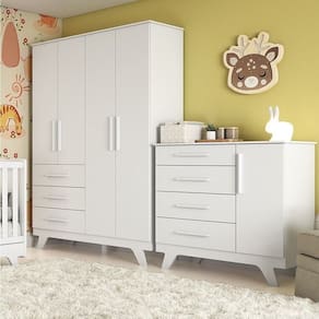 Quarto Infantil com Guarda Roupa 4 Portas e Cômoda 1 Porta Kakau Retrô 100% Mdf Espresso Móveis Branco Brilho