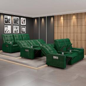 Poltrona Do Papai Reclinável Sala De Cinema Movie 3 Lugares Manual Baú Usb Pu Verde Musgo