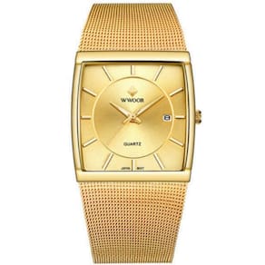 Relógio De Quartzo Masculino Design Quadrado De Malha De Aço Inoxidavel Impermeável Dourado