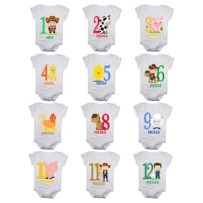 Kit body bebê mesversario manga curta estampa fazendinha 12 bodies 1 a 12 meses