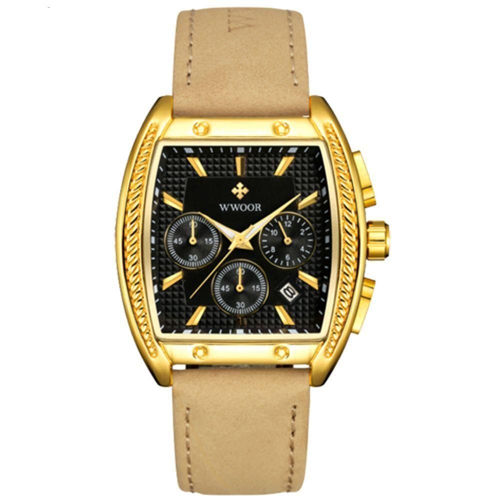 Relógio Masculino Quartzo Esportivo Casual Toneau 3atm à Prova D`água Preto Dourado