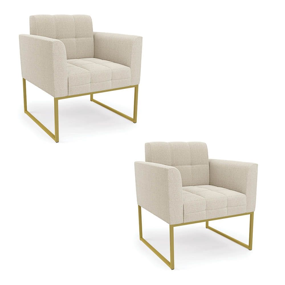 Poltrona Decorativa Industrial Dourado Kit 2 Elisa Bouclê Bege D03 - D`Rossi