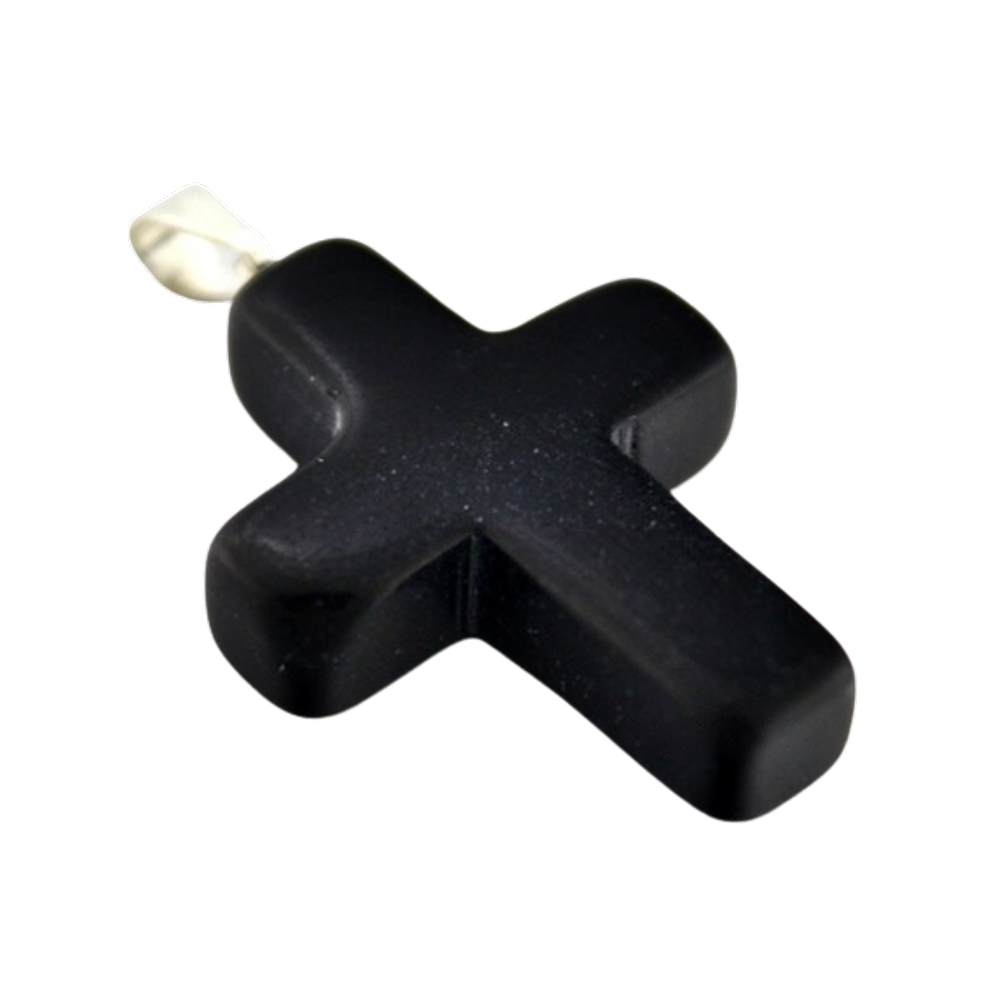 Colar Crucifixo Pedra Obsidiana Preta Natural Pino Prateado