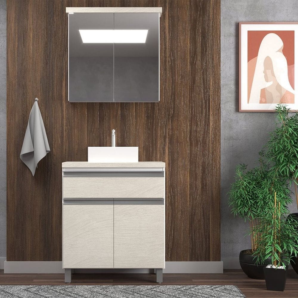 Gabinete de Banheiro 65cm com Cuba e Armário Ref 502 Branco/Arenito