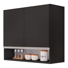 Armário Aéreo Multiuso Lux 80cm 100%MDF 02 Portas com Nicho Integrado Preto - Desk Design