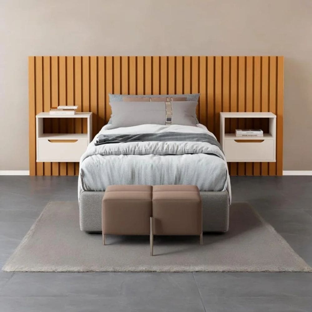 Cabeceira Ripado Para Cama de Solteiro Maracá Nature Com 2 Mesa de Cabeceira Jatobá OffWhite - Rede Móveis