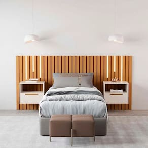 Cabeceira Ripado Para Cama de Solteiro Maracá Nature Com 2 Mesa de Cabeceira Jatobá Com Led OffWhite - Rede Móveis