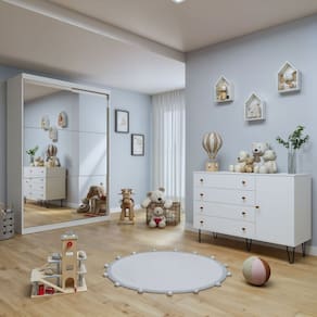 Quarto Infantil Guarda-Roupa 2 Portas Espelhadas Lumi com Cômoda 1 Porta 4 Gavetas Aurora Branco