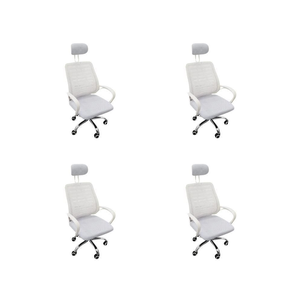 Kit 4 Cadeiras Escritório Diretor Tela Mesh Encosto De Cabeça Branco