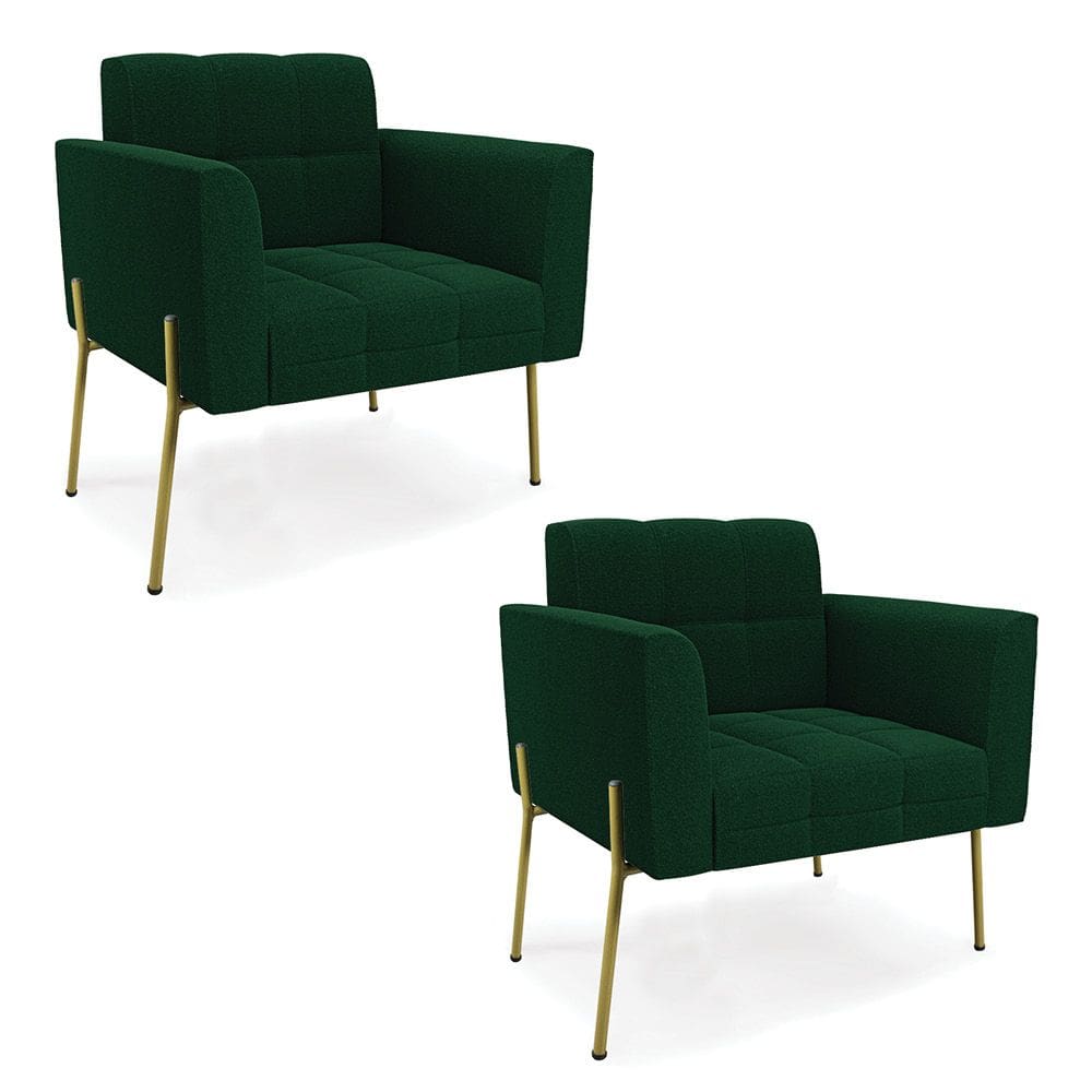 Poltrona Sala Estar Pé Ferro Dourado Kit 2 Elisa Bouclê Verde D03 - D`Rossi