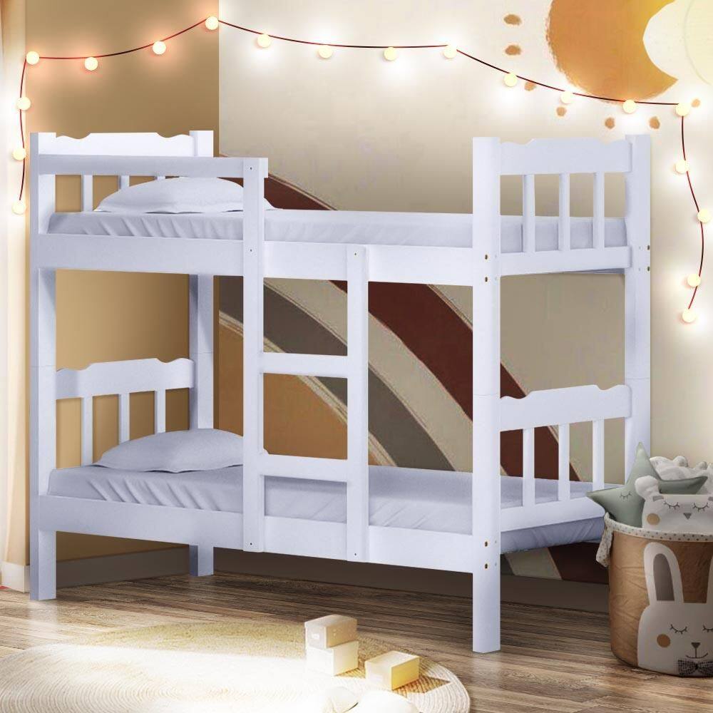 Beliche Madeira Maciça Solteiro Com 2 Colchões Ortobom Branco Peres Shop JM - Branco