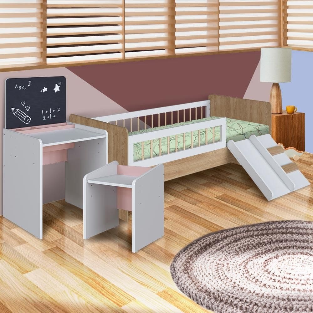 Cama Solteiro Com Colchão Ortobom E Mesinha Infantil Aveiro Oak Branco Rosa Cassian Shop JM - Branco