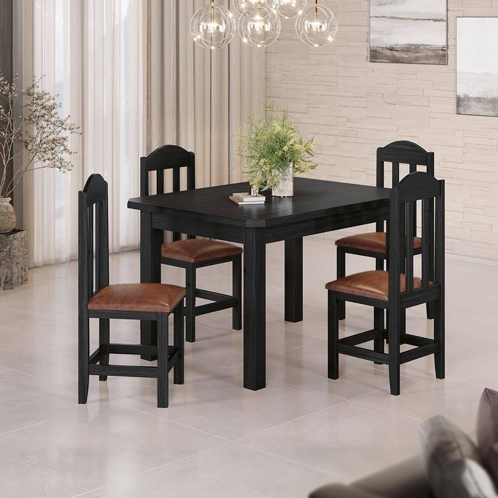 Conjunto Mesa Com 4 Cadeiras Com Estofado Corino Marrom 120cm Preto Safira Shop Jm - Preto