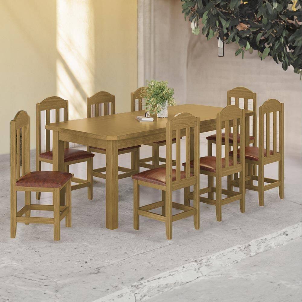 Mesa Com 8 Cadeiras Madeira Maciça Estofadas Corino Marrom 200cm Nogueira Olivia Shop Jm - Marrom
