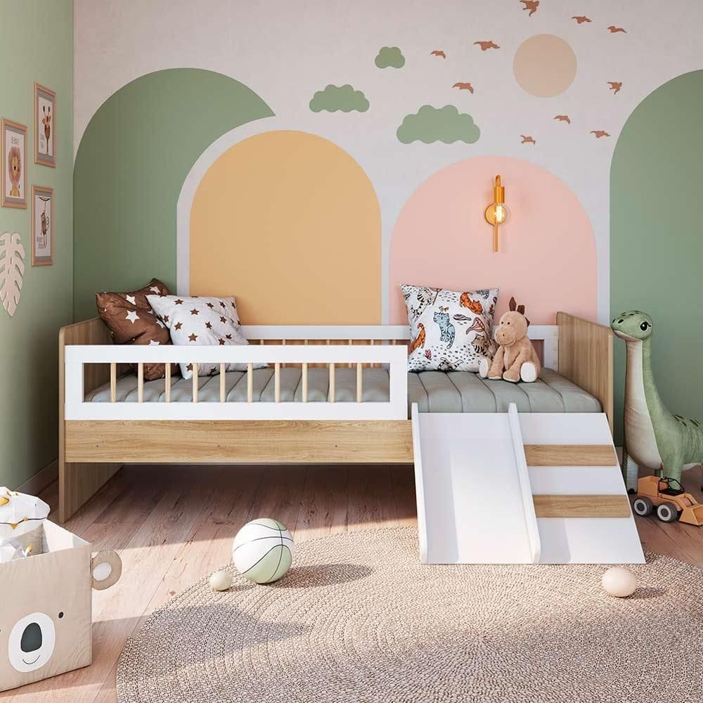 Cama Infantil Com Colchão Solteiro Grade de Proteção Branco Shop JM