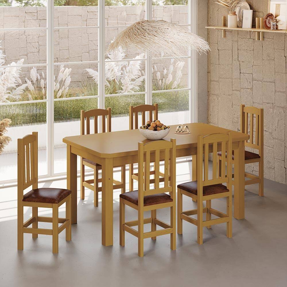 Conjunto Mesa Com 6 Cadeiras Com Estofado Corino Marrom 160cm Marrom Diamante Shop Jm - Marrom