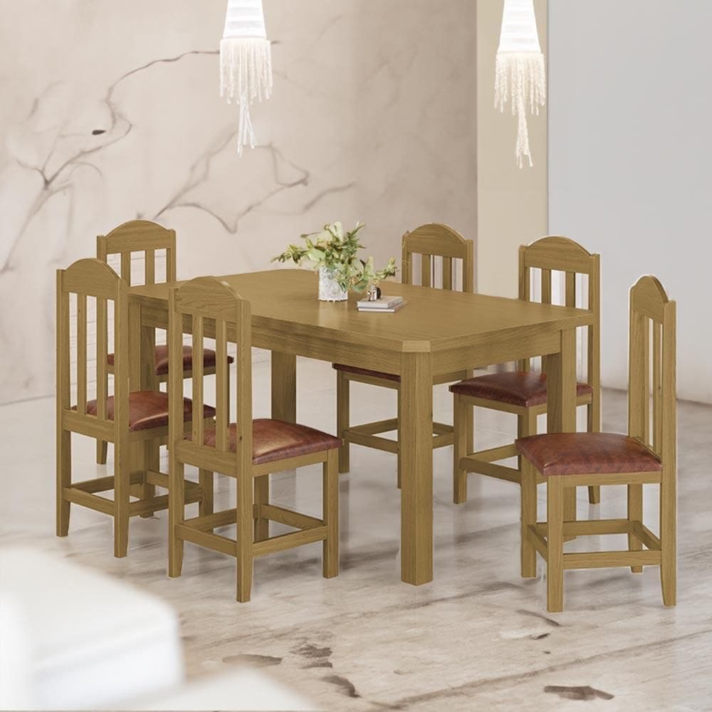 Conjunto Mesa Com 6 Cadeiras Madeira Maciça Estofado Corino Marrom 160cm Nogueira Amelia Shop Jm - Marrom