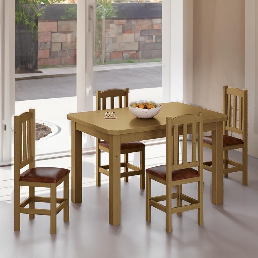 Mesa Com 4 Cadeiras Madeira Maciça Estofadas Corino 120cm Nogueira Stone Shop Jm - Marrom