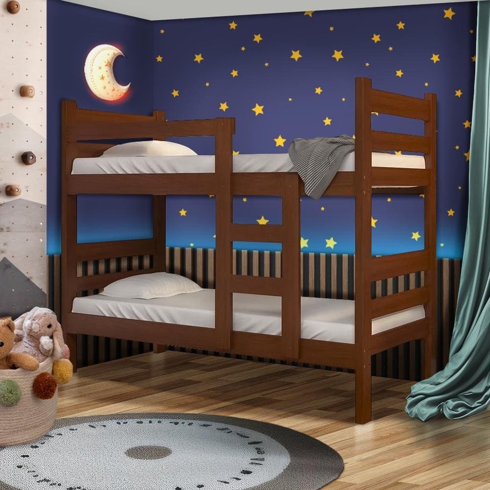 Beliche com 2 Colchões Solteiro Madeira Maciça Castanho Reason Shop JM - Marrom