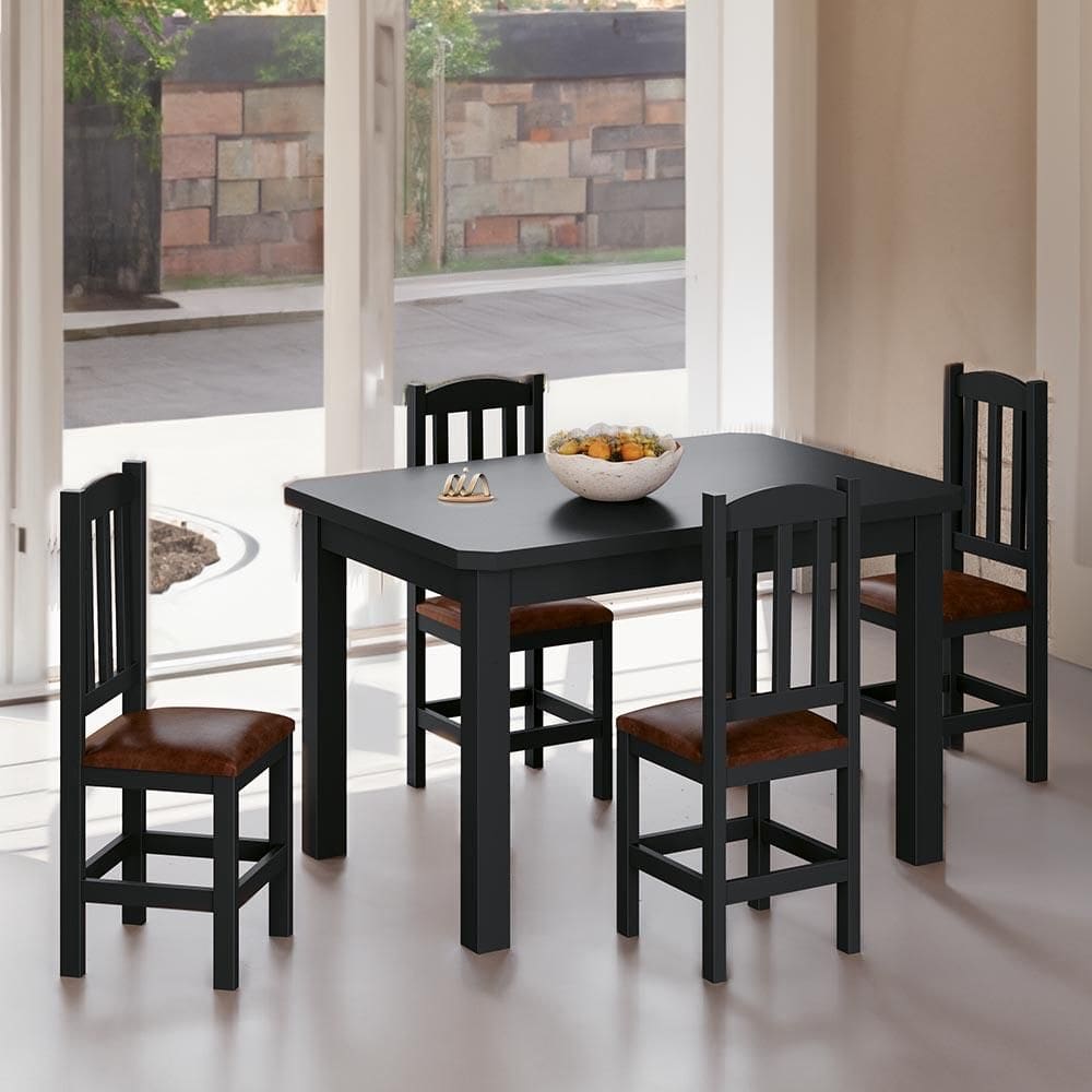 Mesa Com 4 Cadeiras Madeira Maciça Estofadas Corino Marrom 120cm Preto Stone Shop Jm - Preto