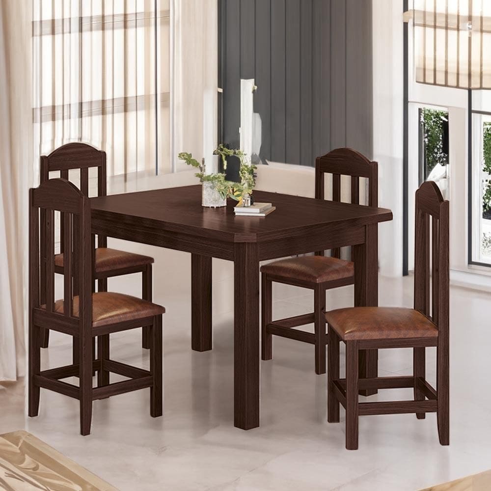 Mesa Com 4 Cadeiras Madeira Maciça Estofadas Corino Marrom 120cm Castanho Olivia Shop Jm - Marrom
