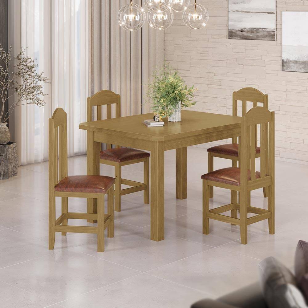 Conjunto Mesa Com 4 Cadeiras Com Estofado Corino Marrom 120cm Nogueira Safira Shop Jm - Marrom