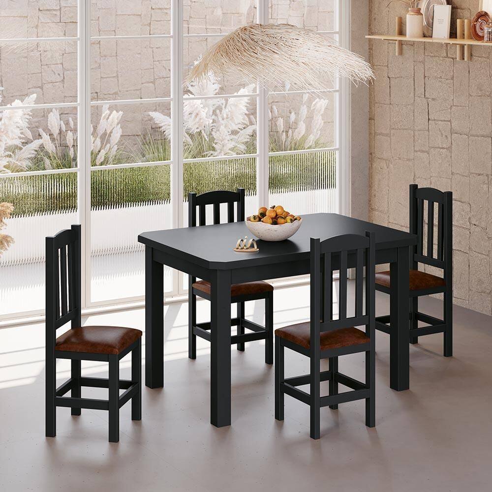 Conjunto Mesa Com 4 Cadeiras Com Estofado Corino Marrom 120cm Preto Diamante Shop Jm - Preto