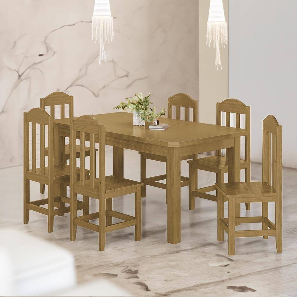 Conjunto Mesa Com 6 Cadeiras Madeira Maciça 160cm Nogueira Amelia Shop Jm - Marrom