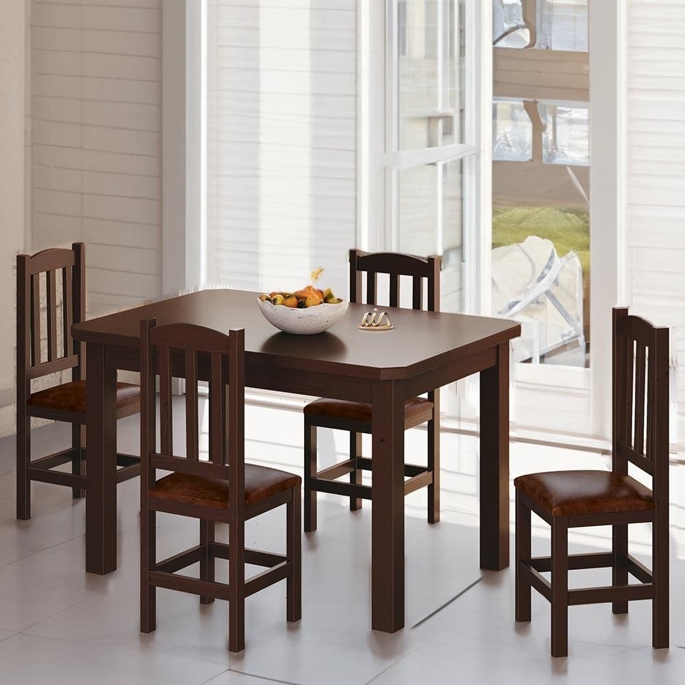 Conjunto Mesa Com 4 Cadeiras Madeira Maciça Estofado Corino 120cm Castanho Sapphira Shop Jm - Marrom